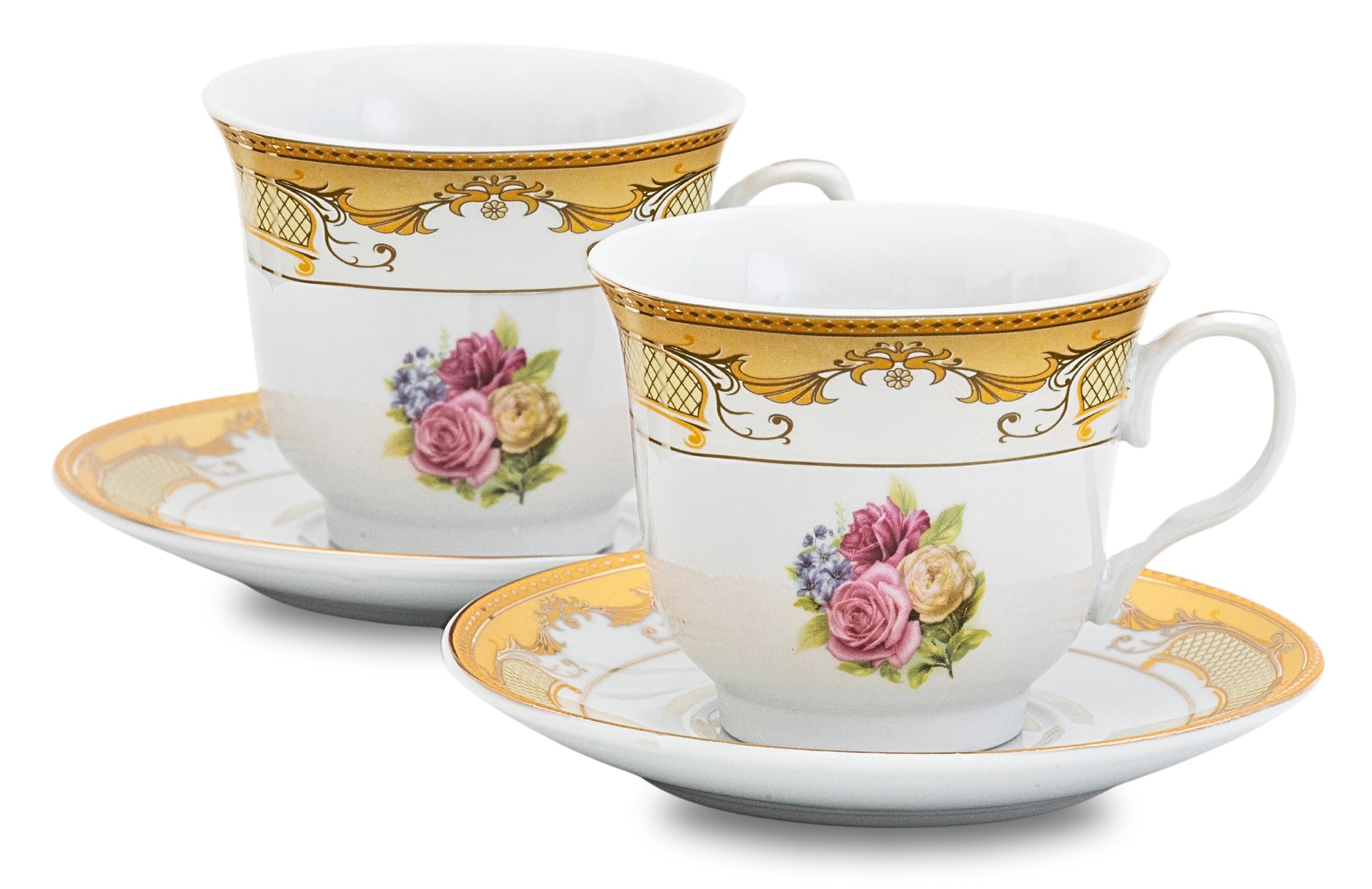 4-piece vintage porcelain tea cup and saucer set arranged on a white background