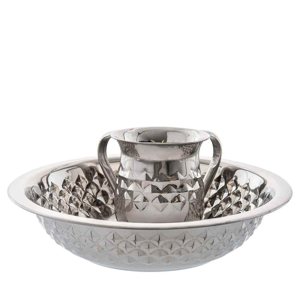 Judaica Stainless Steel Wash Cup and Bowl, Dual Handle Negel Vasser Cup