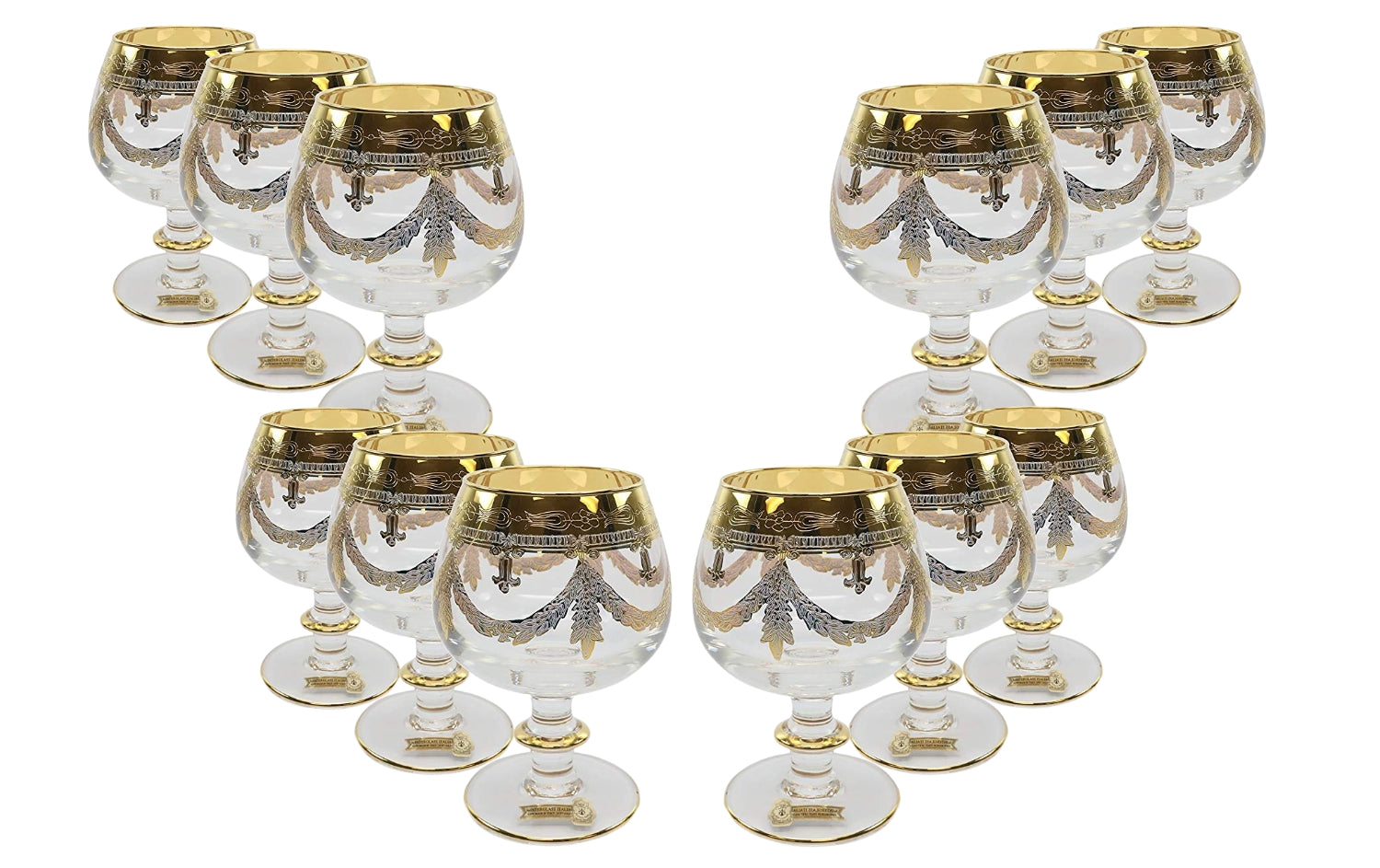 Interglass Italy Luxury Clear Crystal Cognac Glasses, 24k Gold-Plated Set of 2, 6, or 12