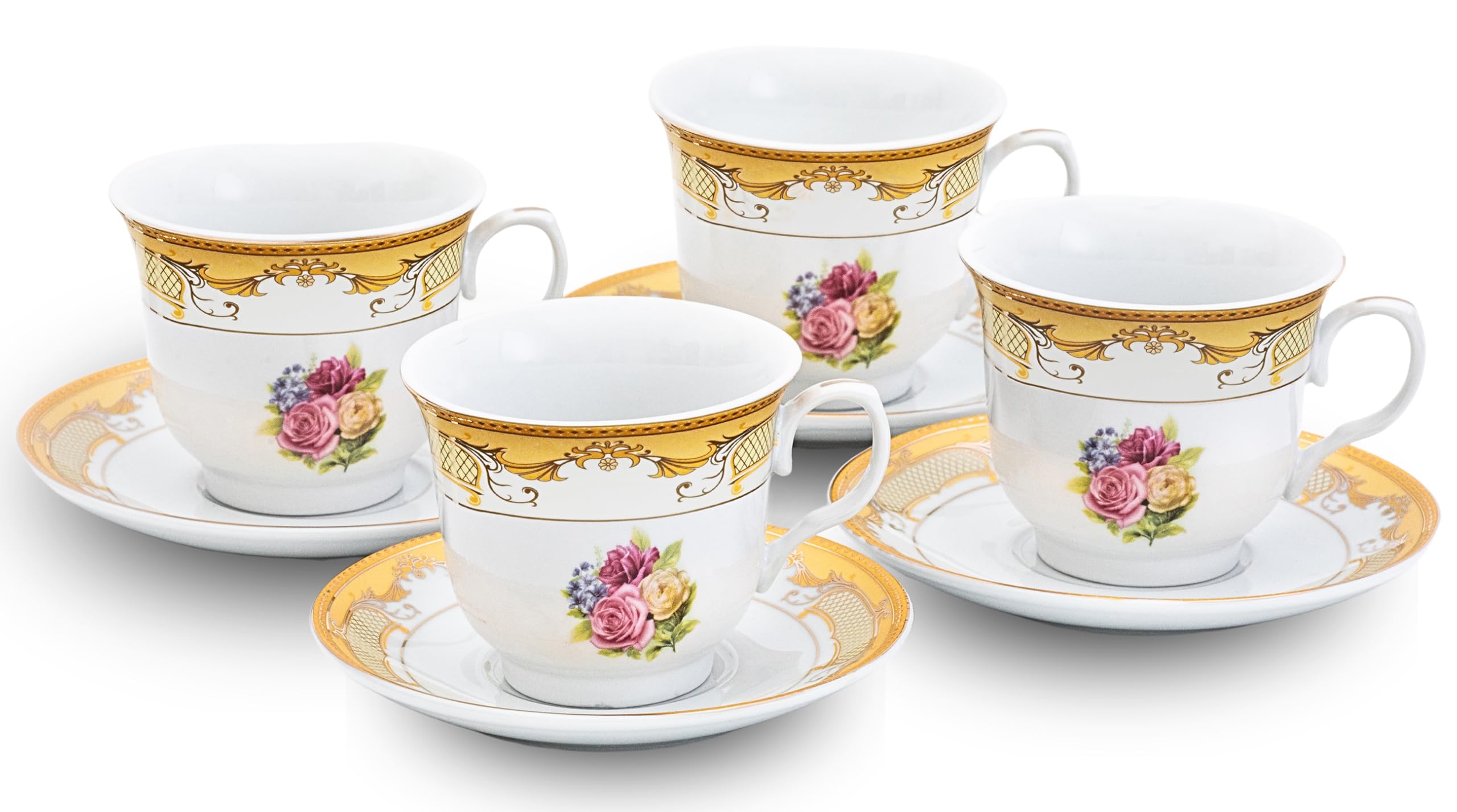 8-piece vintage porcelain tea set with four cups and four matching saucers arranged on a white surface
