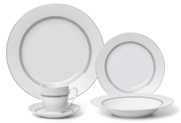 All five pieces of the Royalty Porcelain place setting arranged together on a white background