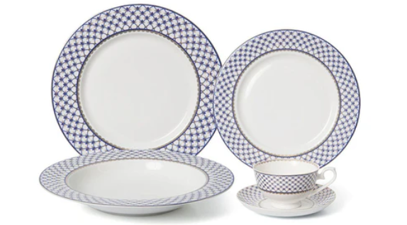 Close-up of Royalty Porcelain dinner plate rim with vintage platinum Greek pattern