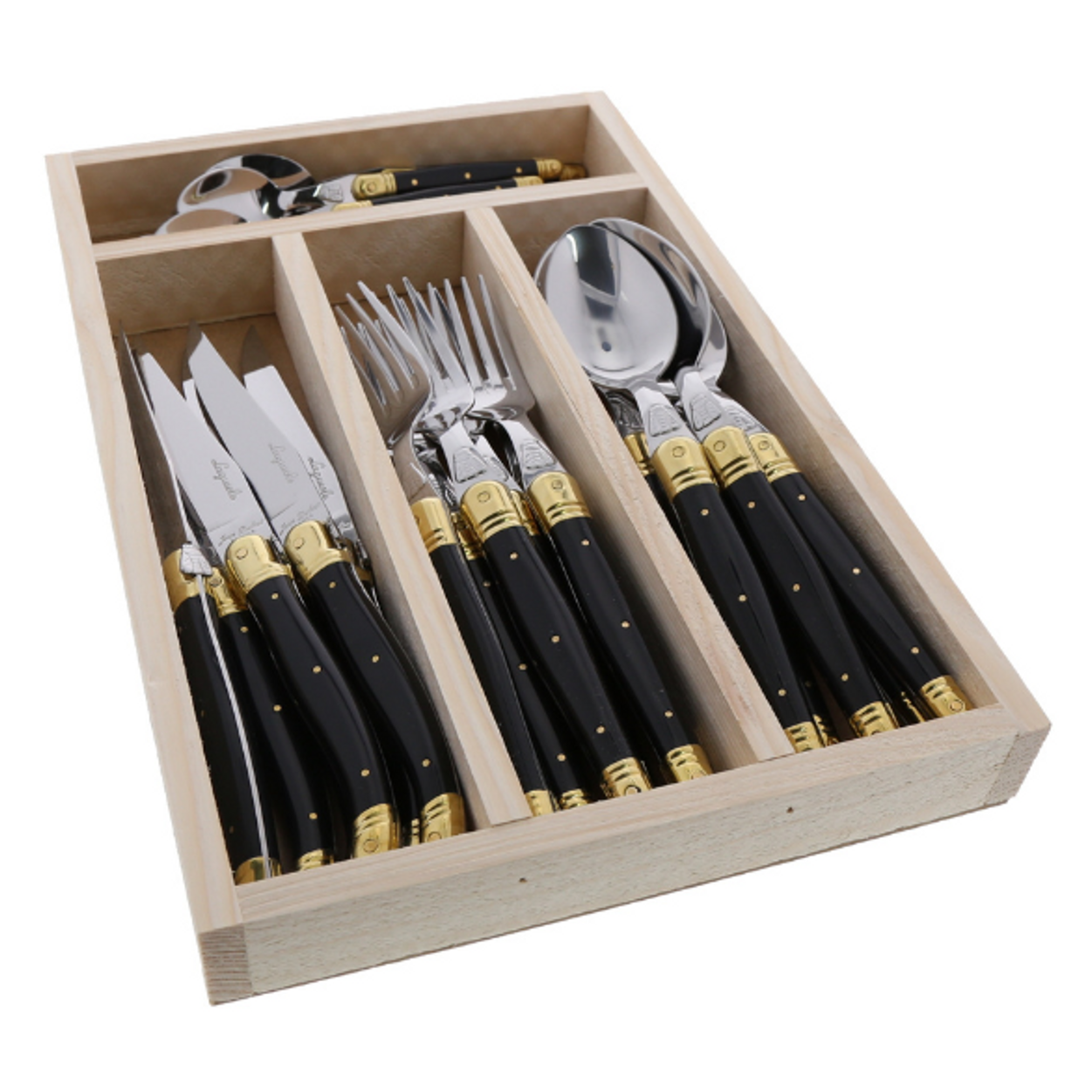 Side view of the complete 24-piece colored handle flatware set arranged on a white background