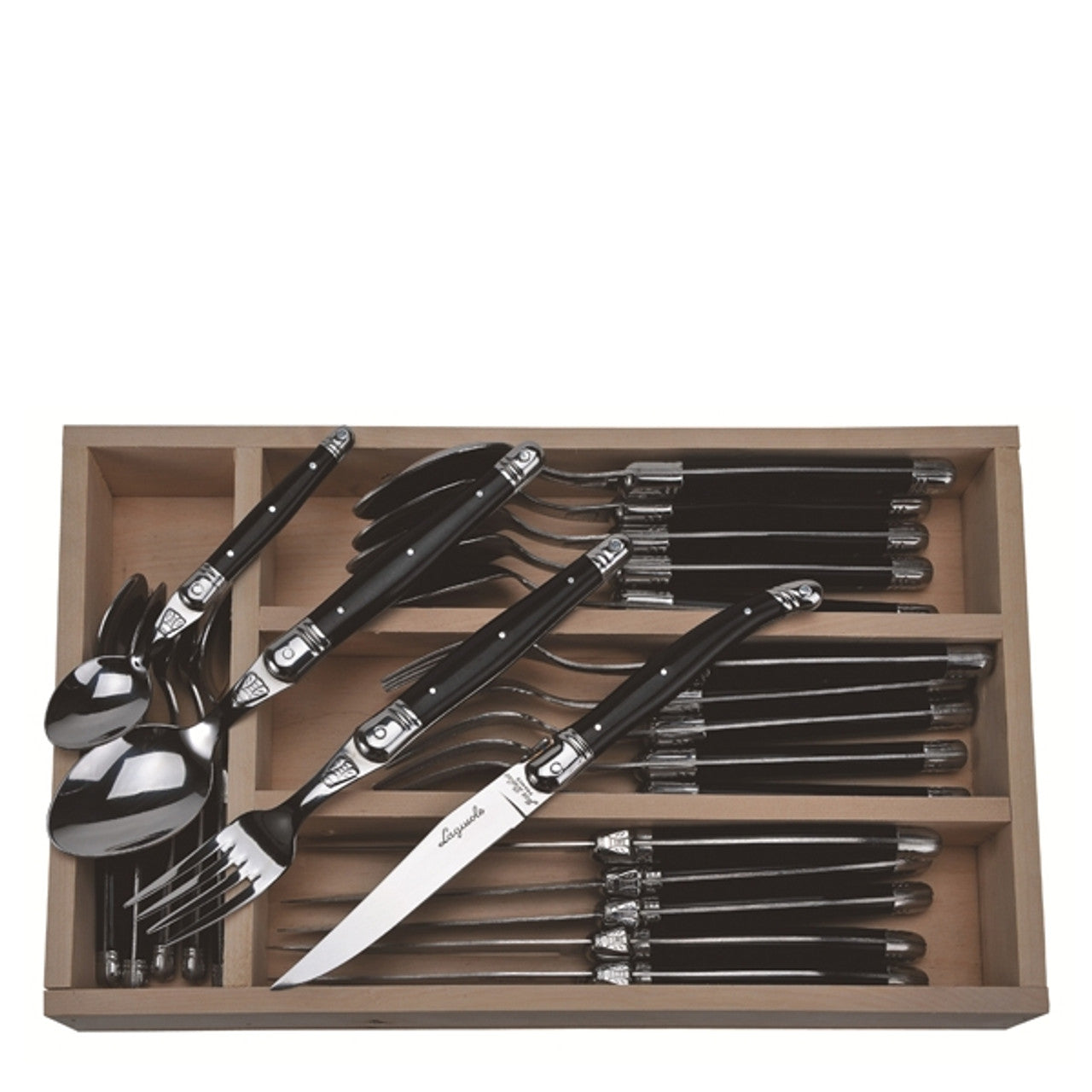 Stainless steel flatware set displayed as a gift presentation with tray on a decorative surface