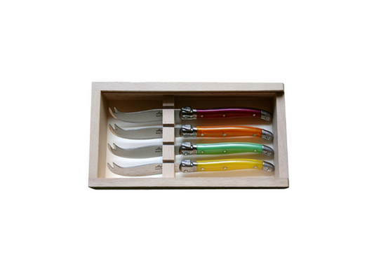 (D) Laguiole French Hand Made 4 Multi-Color Cheese Knives in Box Vintage
