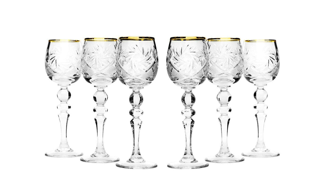Set of 6 Vintage Cut Crystal Shot/Liquor Glasses with a Gold Rim on a Stem 2 oz