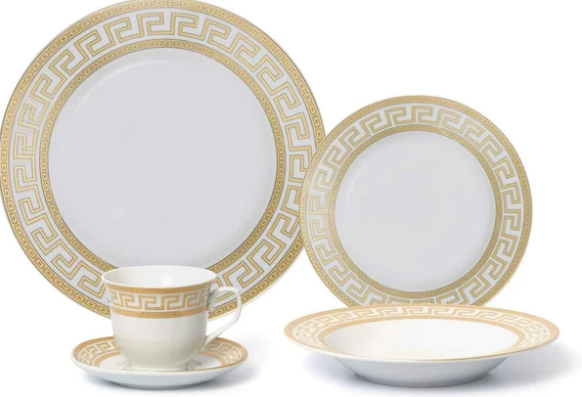 Royalty Porcelain 5-piece dinnerware set with vintage platinum Greek-inspired border detailing