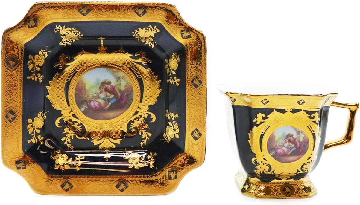 Royalty Porcelain square teapot with 24K gold leaf detailing and hand-painted blue floral pattern, angled side view