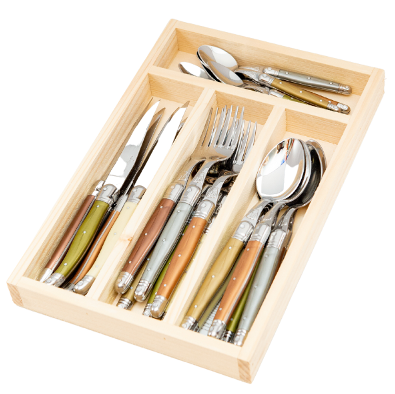 Stainless steel dinner knife with colored handle, detailed product close-up