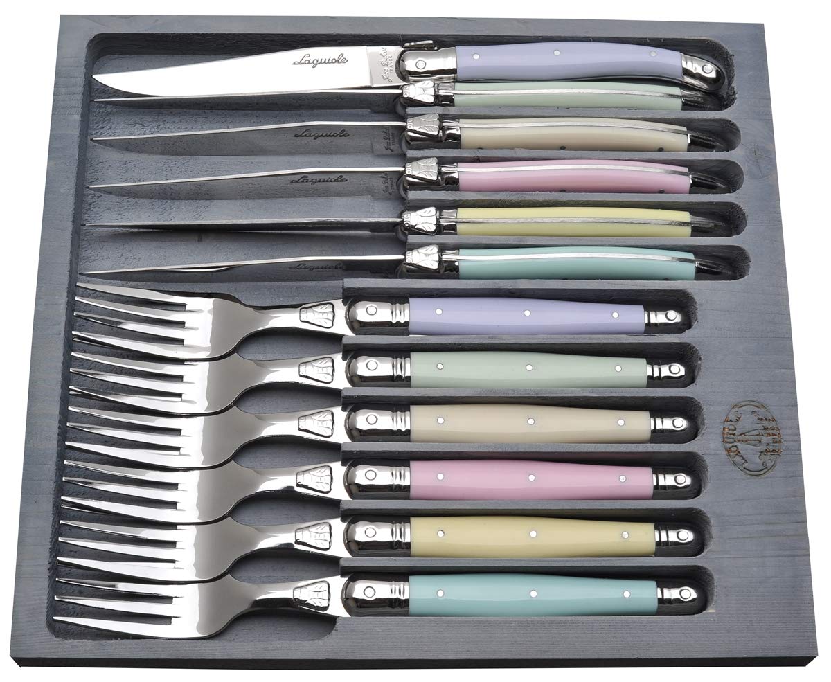 Cutlery Set Stainless Steel Handles - 12 Pc Kitchen Utensils with 6 Forks and 6 Knives for Home and Apartment Essentials, Flatware with Tray for Gifting
