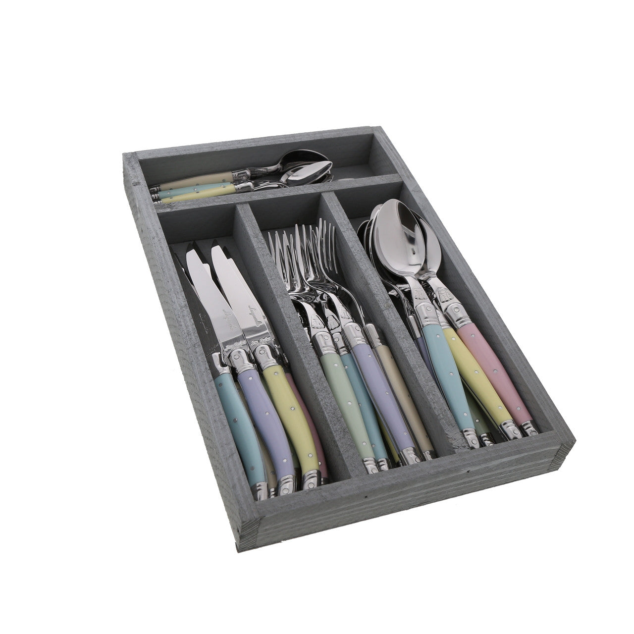 All 24 flatware pieces laid out flat showing the full set — knives, forks, spoons, and coffee spoons