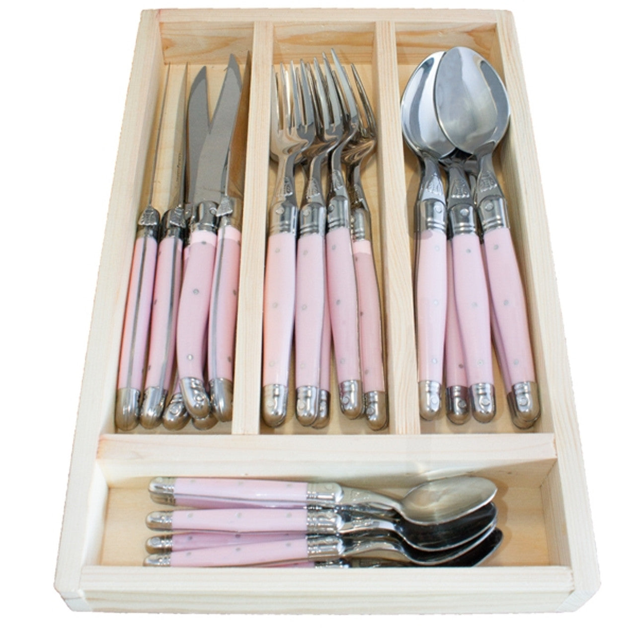 Angled view of the 24-piece flatware set highlighting the contrast between handle color and polished steel