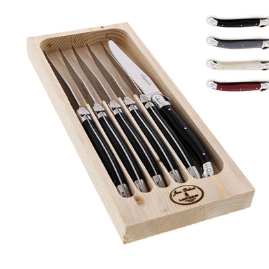 (D) Steak Knives in Tray 6 Pc Set, Stainless Steel Blades (Black or Gray or Ivory or Red)