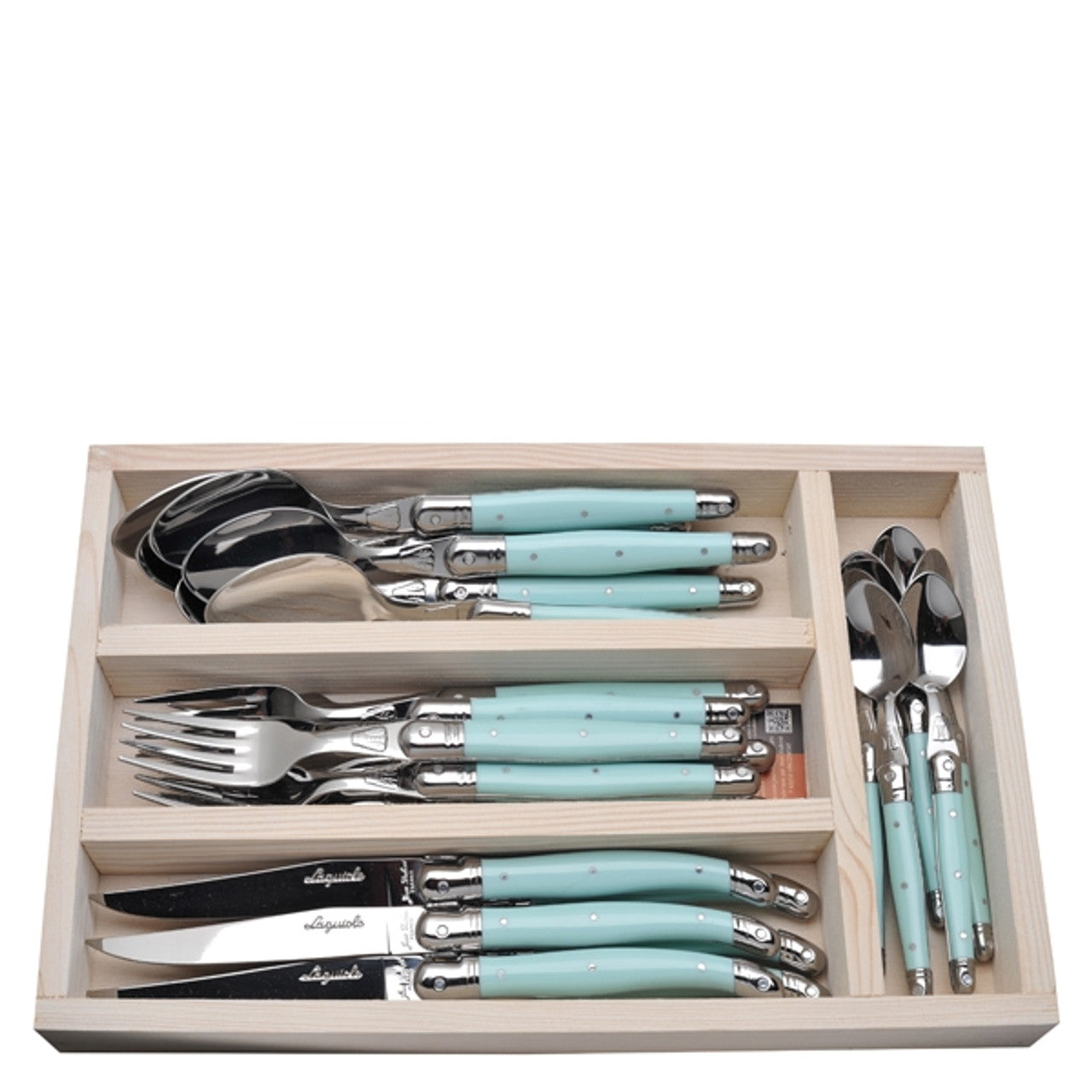 Flatware storage tray shown open with all pieces organized inside by type