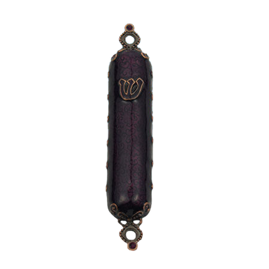 (D) Judaica Jeweled Enamel Mezuzah Case 4.75'' Coppertone Metal (Purple)