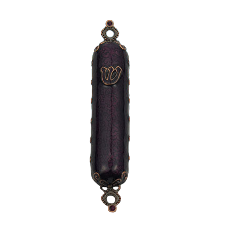 (D) Judaica Jeweled Enamel Mezuzah Case 4.75'' Coppertone Metal (Purple)