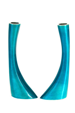 (D) Judaica Candlestick Enamel Modern Geometric Style Candle Holders 2 PC (Blue)