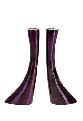 (D) Judaica Candlestick Enamel Modern Geometric Style Candle Holders 2 PC (Purple)