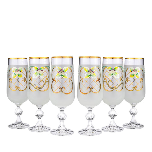 Crystalex 6pc Bohemia Colored Crystal White Champagne Flute Glasses Set 24K Gold