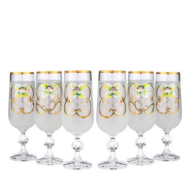 Crystalex 6pc Bohemia Colored Crystal White Champagne Flute Glasses Set 24K Gold