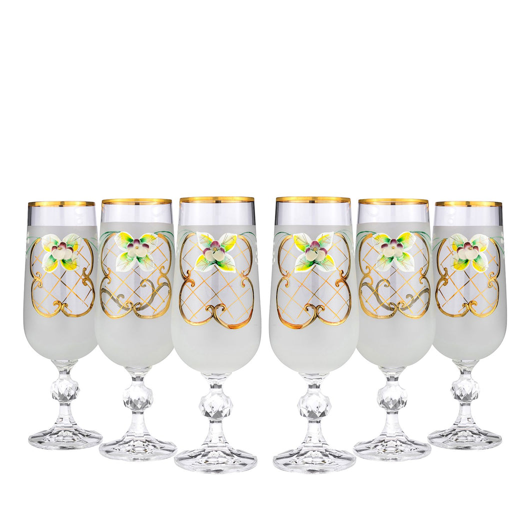 Crystalex 6pc Bohemia Colored Crystal White Champagne Flute Glasses Set 24K Gold