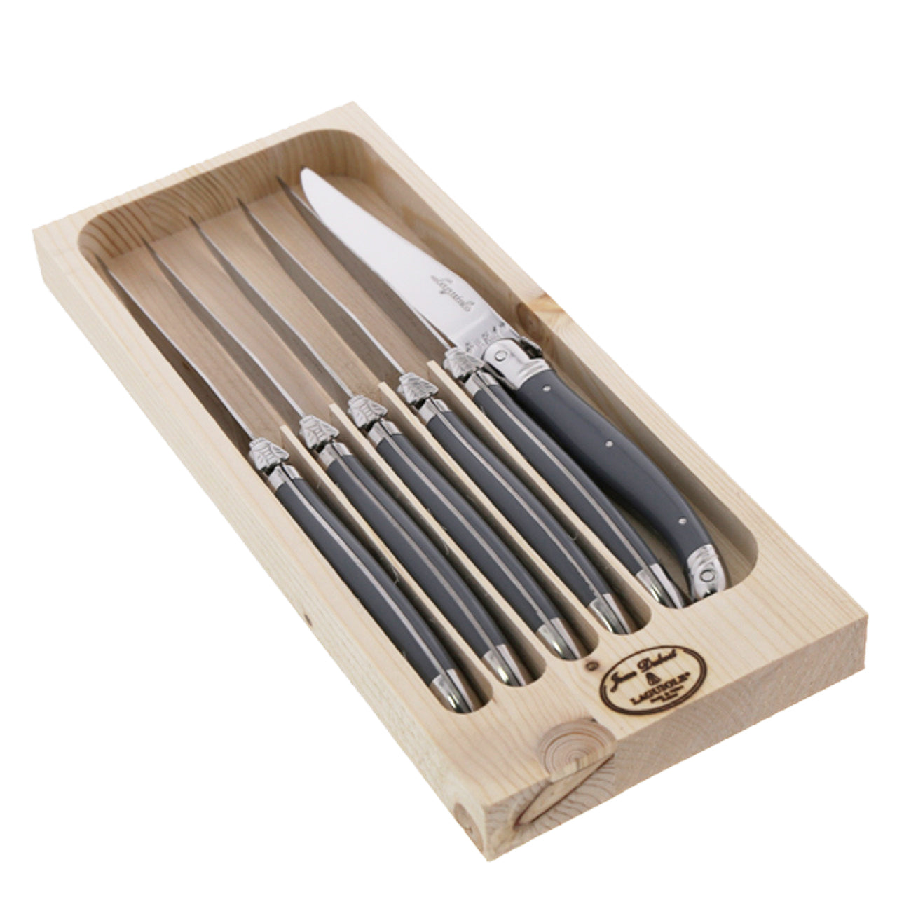 (D) Steak Knives in Tray 6 Pc Set, Stainless Steel Blades (Black or Gray or Ivory or Red)