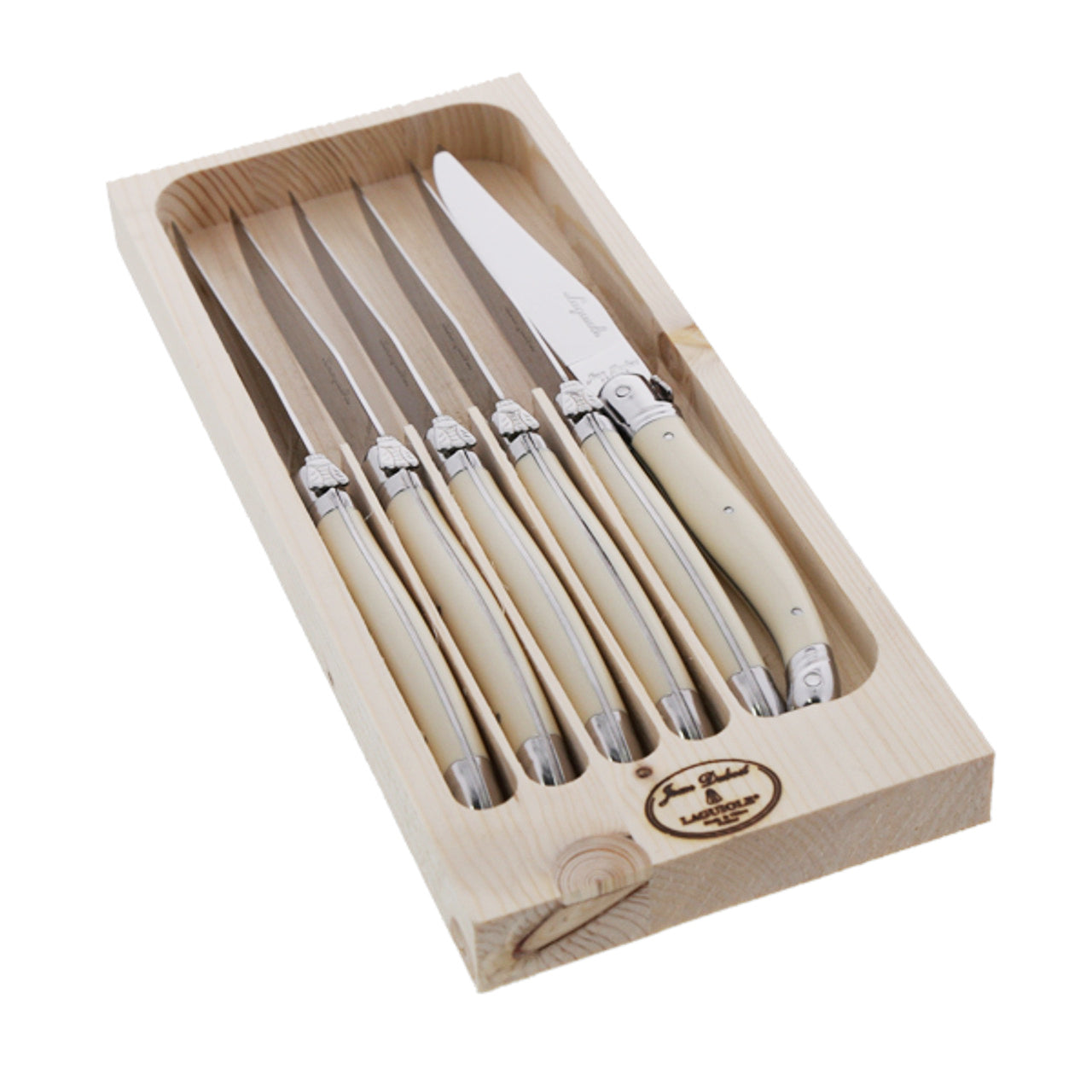 (D) Steak Knives in Tray 6 Pc Set, Stainless Steel Blades (Black or Gray or Ivory or Red)