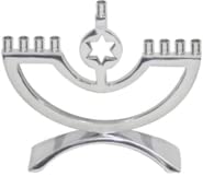 (D) Judaica Metal Enamel Candle Holder Menorah with Star of David (Silver)