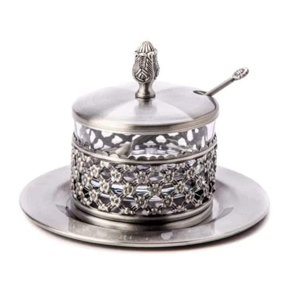 (D) Judaica Honey Dish Silver Plated with Tray and Spoon for Rosh Hashanah