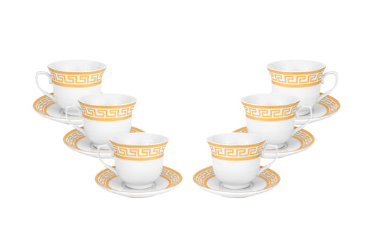 12 Piece Tea or Coffee Set Greek Key Design, Fine Porcelain (Gold)
