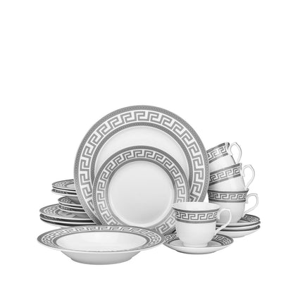 20 Piece Greek Key Design, Platinum Color Dinnerware Set for 4 in Fine Porcelain (Silver)