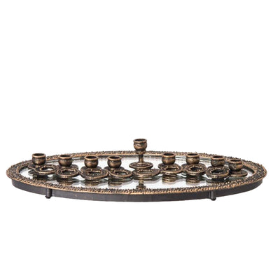 (D) Golden Links Metal Menorah with Tray Judaica Holiday Decor 8.7 Inch