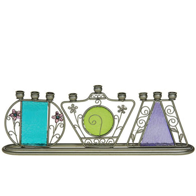 (D) Judaica Garden Menorah Green Purple Modern Chanukah Decor 10.5