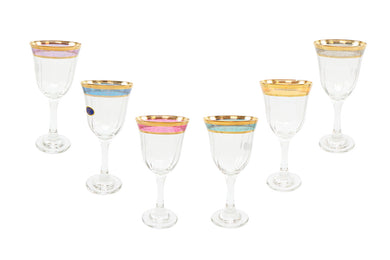 Italian Collection Crystal 'Rainbow' Colored Wine Glasses, Vintage 24K Gold Rim
