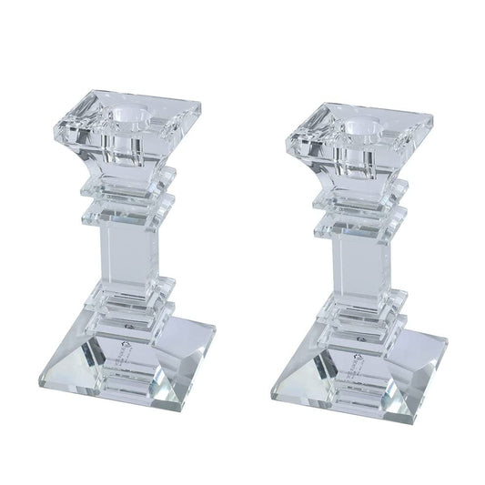 (D) Judaica Set of 2 Crystal Taper Candleholder Clear Modern