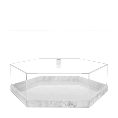 (D) Judaica Lucite Decorative Hexagon Cake Dome With Lid White Marble
