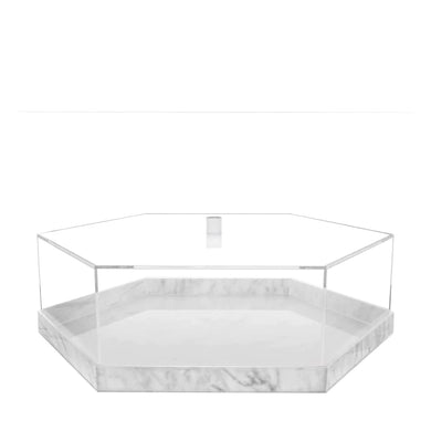 (D) Judaica Lucite Decorative Hexagon Cake Dome With Lid White Marble