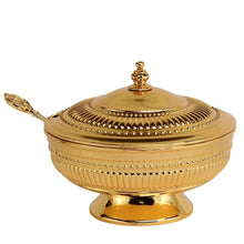 (D) Judaica Honey Dish with Spoon and Lid Beaded Design Metal (Gold)