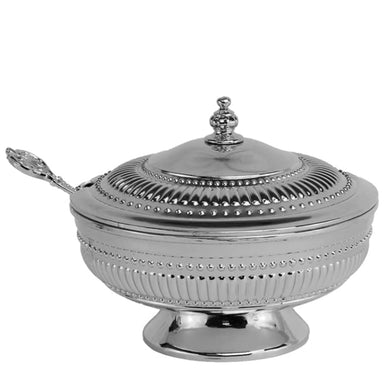 (D) Judaica Honey Dish with Spoon and Lid Beaded Design Metal (Silver)