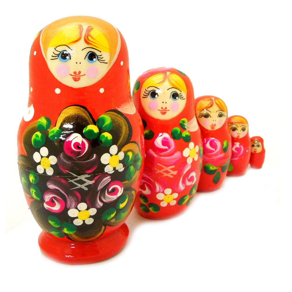 (D) Russian Souvenirs Red Nesting Dolls Matryoshka Wood Stacking Nested Set 5pc