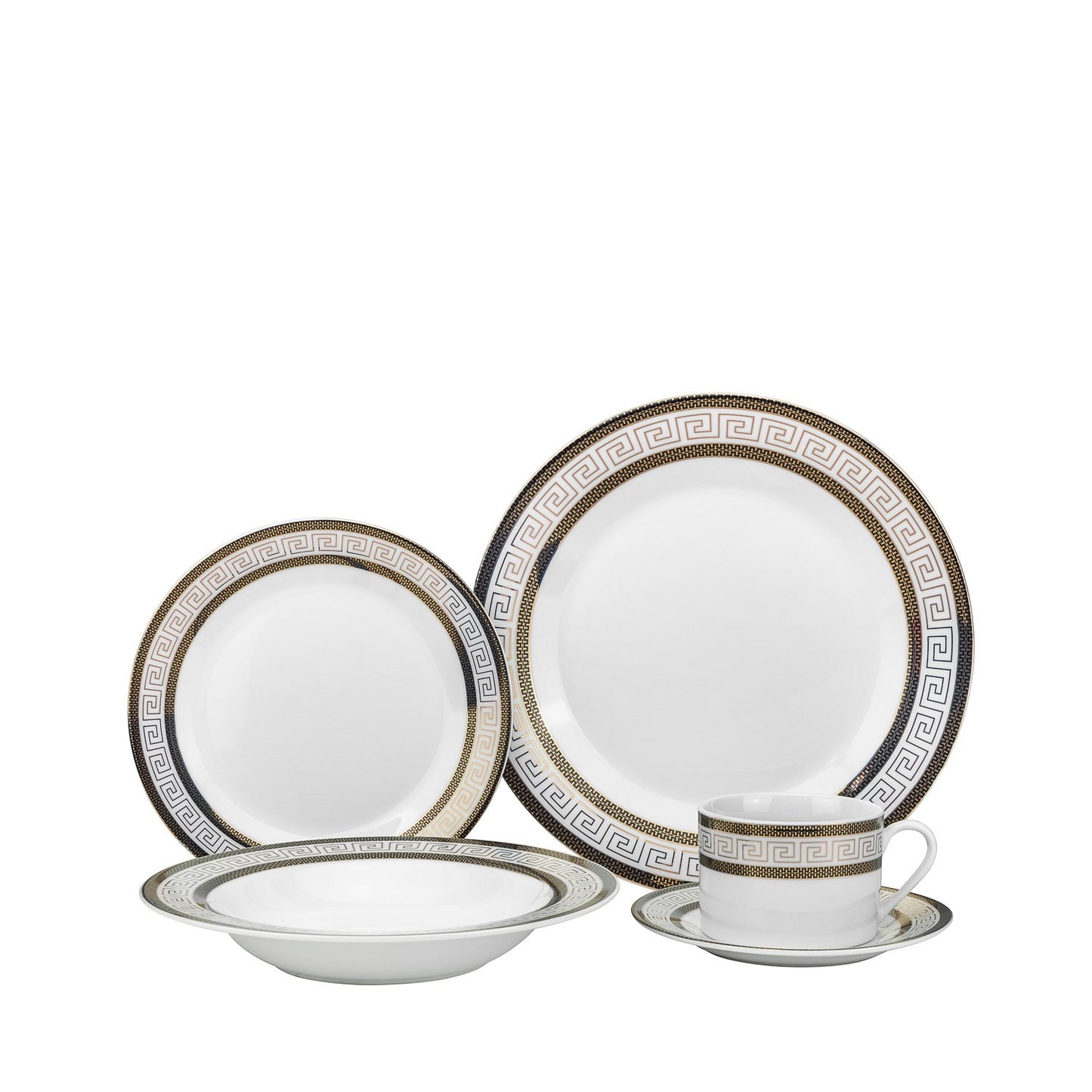 20 Piece Dark Greek Key Design Dinner Set for 4, Fine Porcelain