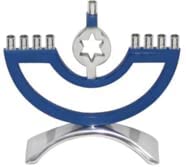 (D) Judaica Metal Enamel Candle Holder Menorah with Star of David (Blue)