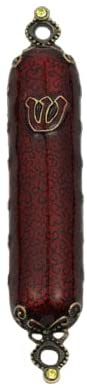 (D) Judaica Jeweled Enamel Mezuzah Case 4.75'' Coppertone Metal (Red)