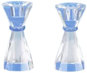 (D) Judaica Candlesticks Holder Taper Crystal Blue Band Jewish Set 2 Pc