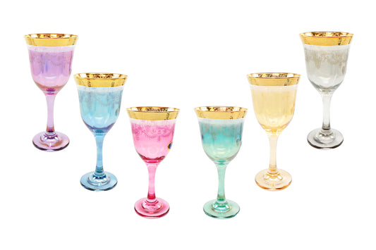 Italian Collection Crystal 'Rainbow' Colored Wine Glasses 6 Pc, Vintage Pattern
