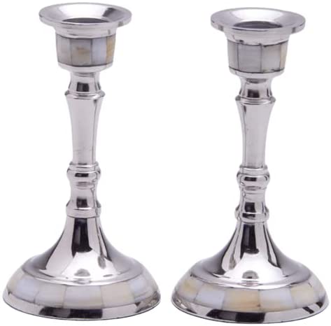 (D) Judaica Candlesticks with Mother of Pearl Silver Pair of Candle Holders