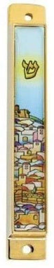 (D) Judaica Mezuzah Enamel Jerusalem City for Door with Gold Accents 3''