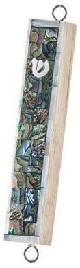 (D) Judaica Inlaid Shell and Teak Mezuzah Case Green for Door 4 inch