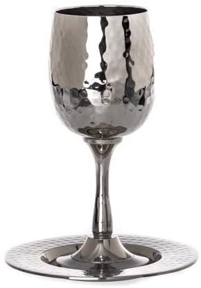 (D) Judaica Kiddush Cup Hammered With Tray Stainless Steel 5'' H