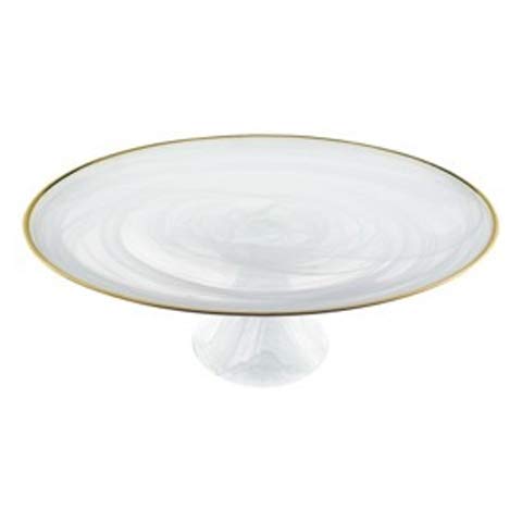 (D) White Alabaster Glass Footed Serving Platter Stand 13 In, Cake Plate (Gold)